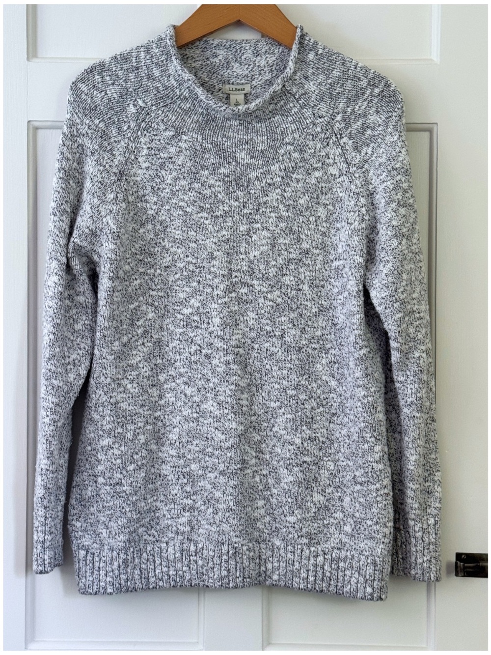 L.L.Bean Cotton Ragg Mockneck Sweater Marled Gray White Size L
